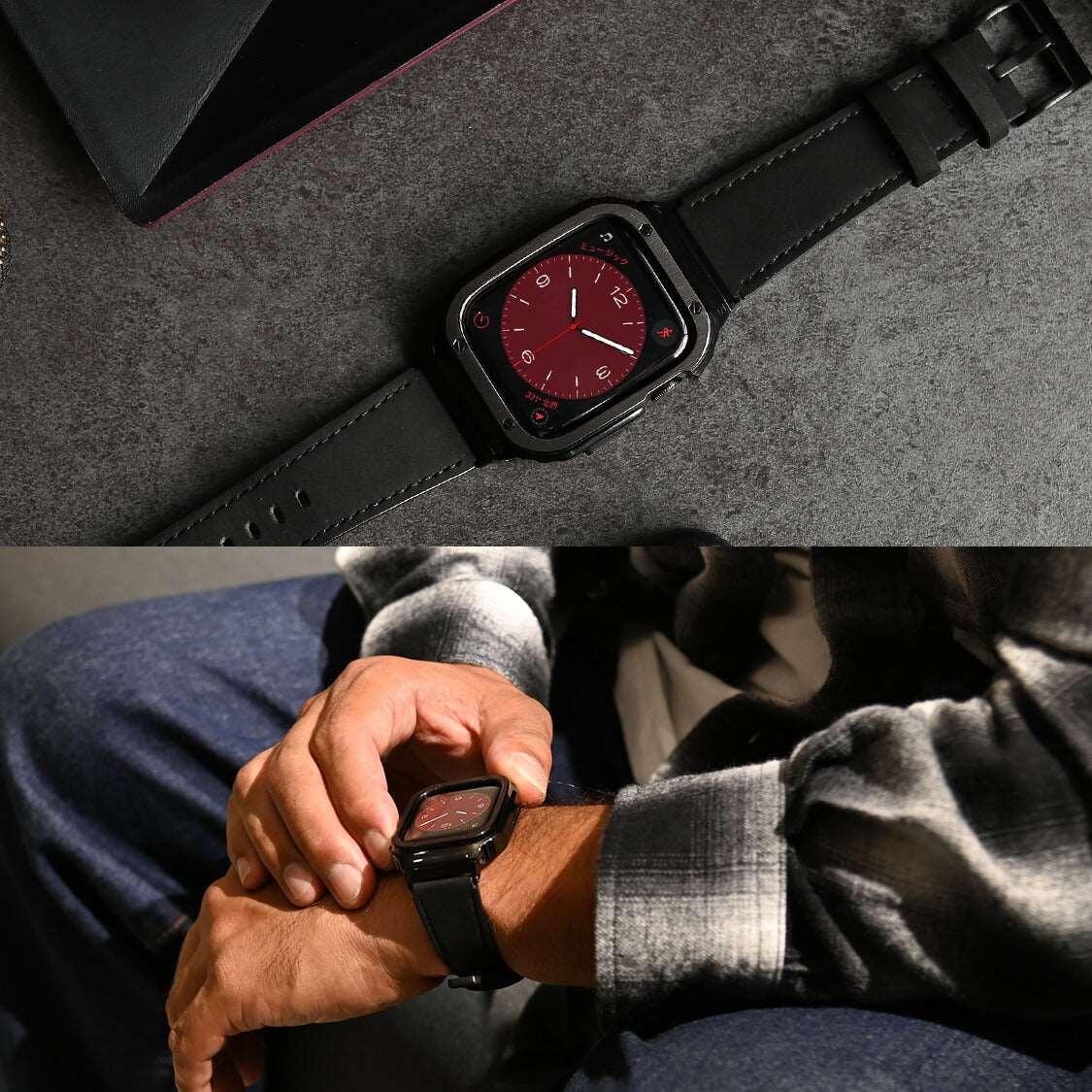 Apple Watch アップルウォッチ 本革 ヴィンテージ 調 レザー バンド ベルト 一体型 ごつめ ごつい 3色 アンティーク 40mm 41mm 42mm 44mm 45mm 49mm メンズ 男性 人気プレゼント ギフト Series 10 9 8 7 6 5 4 ultra 2 SE 2 ソリッドシリーズ 着画 ブラック 黒