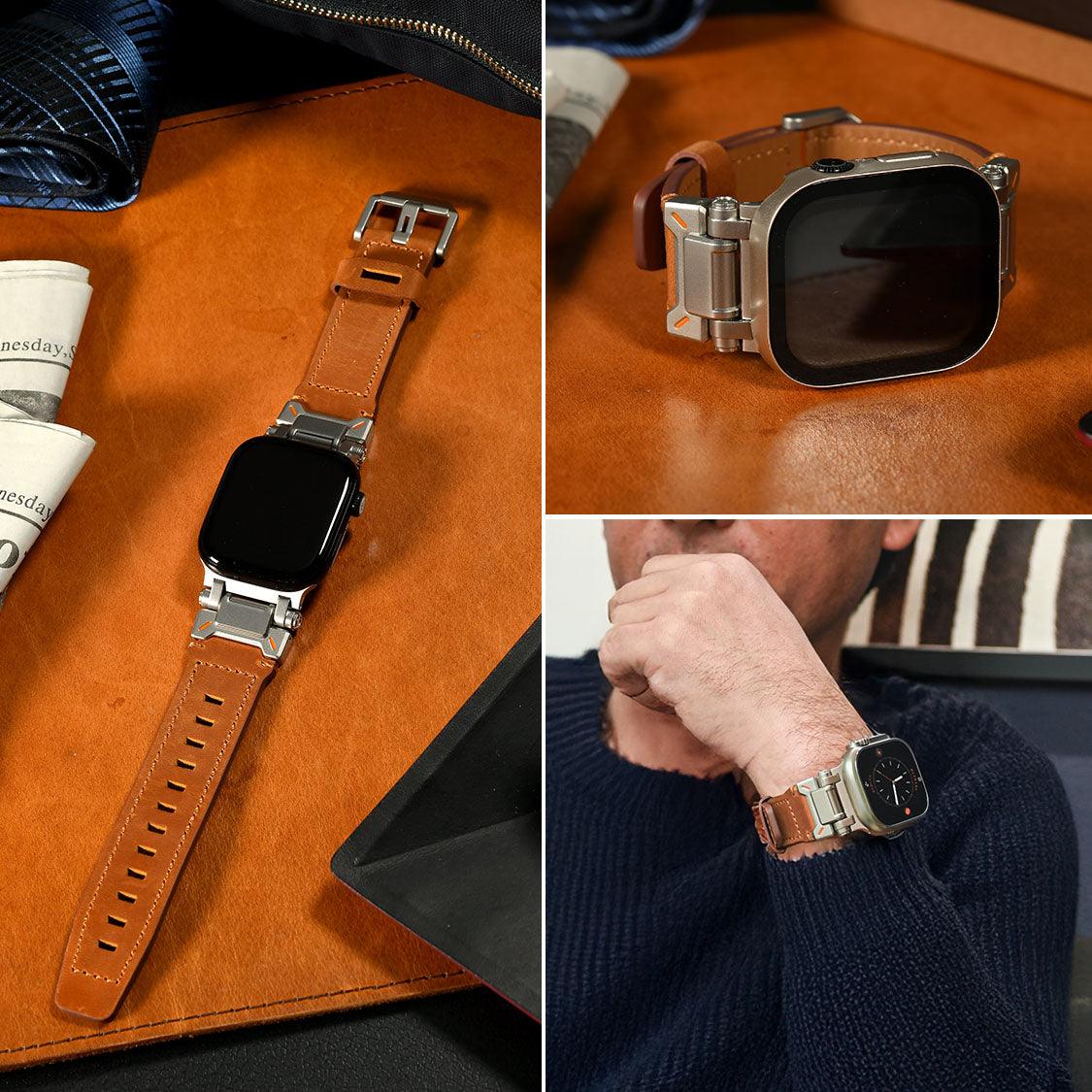 【シルバーステンレスとレザーバンド】アップルウォッチ バンド Apple Watch ベルト メンズにおすすめ 男性の働くかっこよさを支える ブラウン 茶色バンド