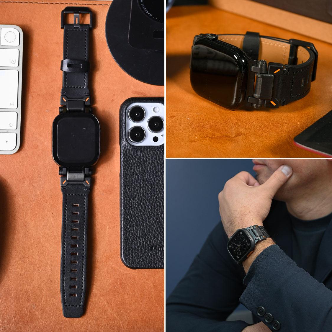 【シルバーステンレスとレザーバンド】アップルウォッチ バンド Apple Watch ベルト メンズにおすすめ 男性の働くかっこよさを支える ブラック 黒のバンド
