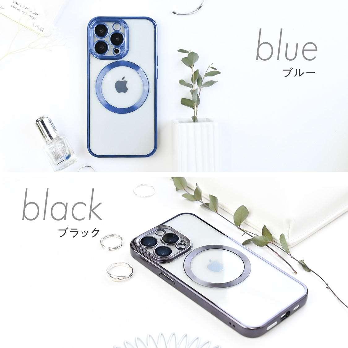 キラッと かわいい 透明 クリア iPhone ケース 韓国 大人可愛い 大人っぽい 推し活 | クリアマグセーフケース りんご堂 ブルー 青色 ブラック 黒