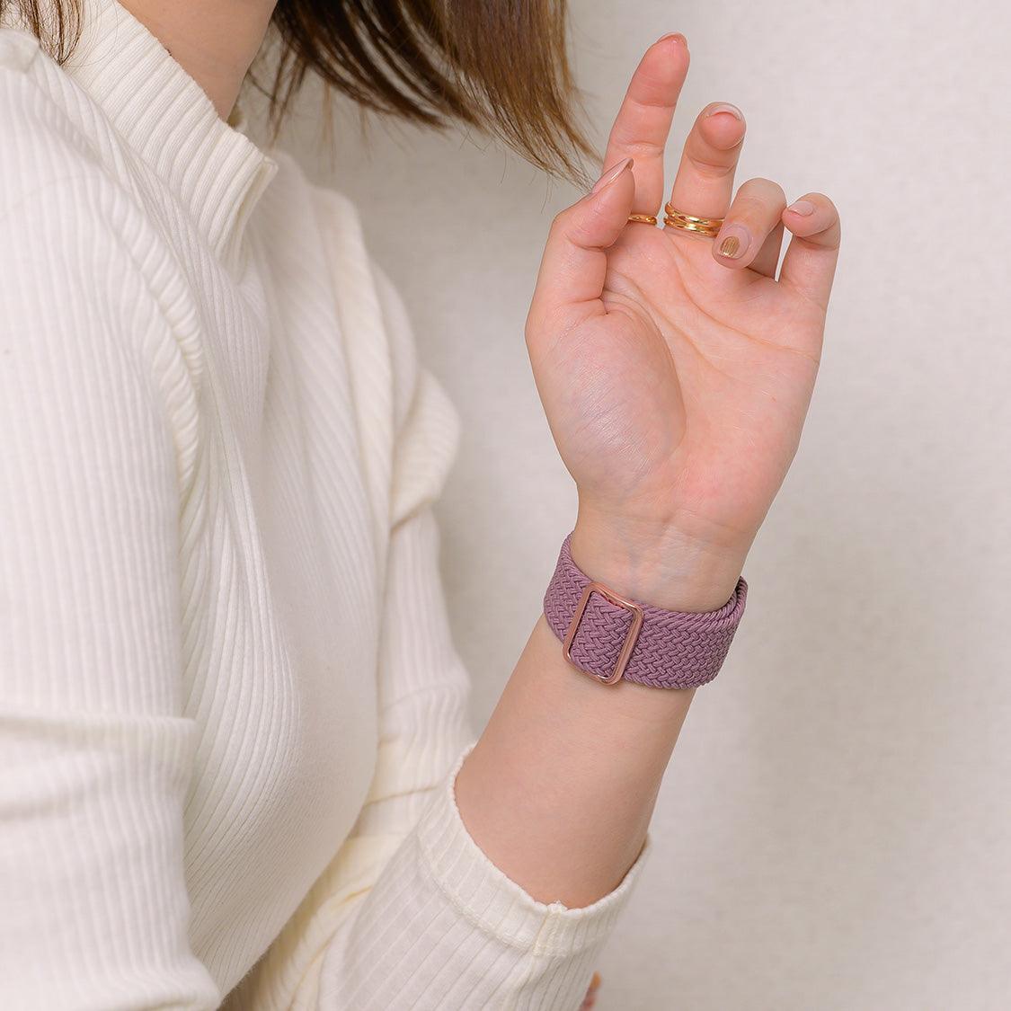 apple watch バンド 蒸れない 蒸れにくい 着画 かぶれにくい 通気性 肌に優しい 編み込み アップル ウォッチ カバー バンド ナイロン 伸縮性 金属アレルギー 腕時計ベルト 男女兼用 女性 男性 人気 ユニセックス スポーツ ジム りんご堂 ファブリックバンド 紫 パープル ベリー