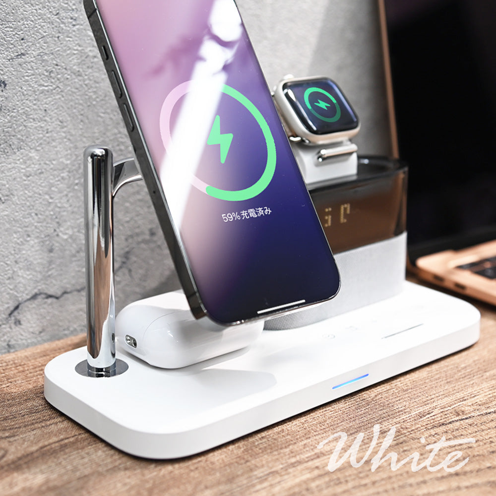Qi2 チーツー Apple Watch iPhone AirPods 5in1 3in1 ワイヤレス充電スタンド 同時充電 アイフォン エアーポッズ アップルウォッチ マグネット 磁石 ワイヤレス充電器 充電器 アラーム 目覚まし時計 ライト 多機能 タイプC 充電 シンプル おしゃれ りんご堂 3base ホワイト 白