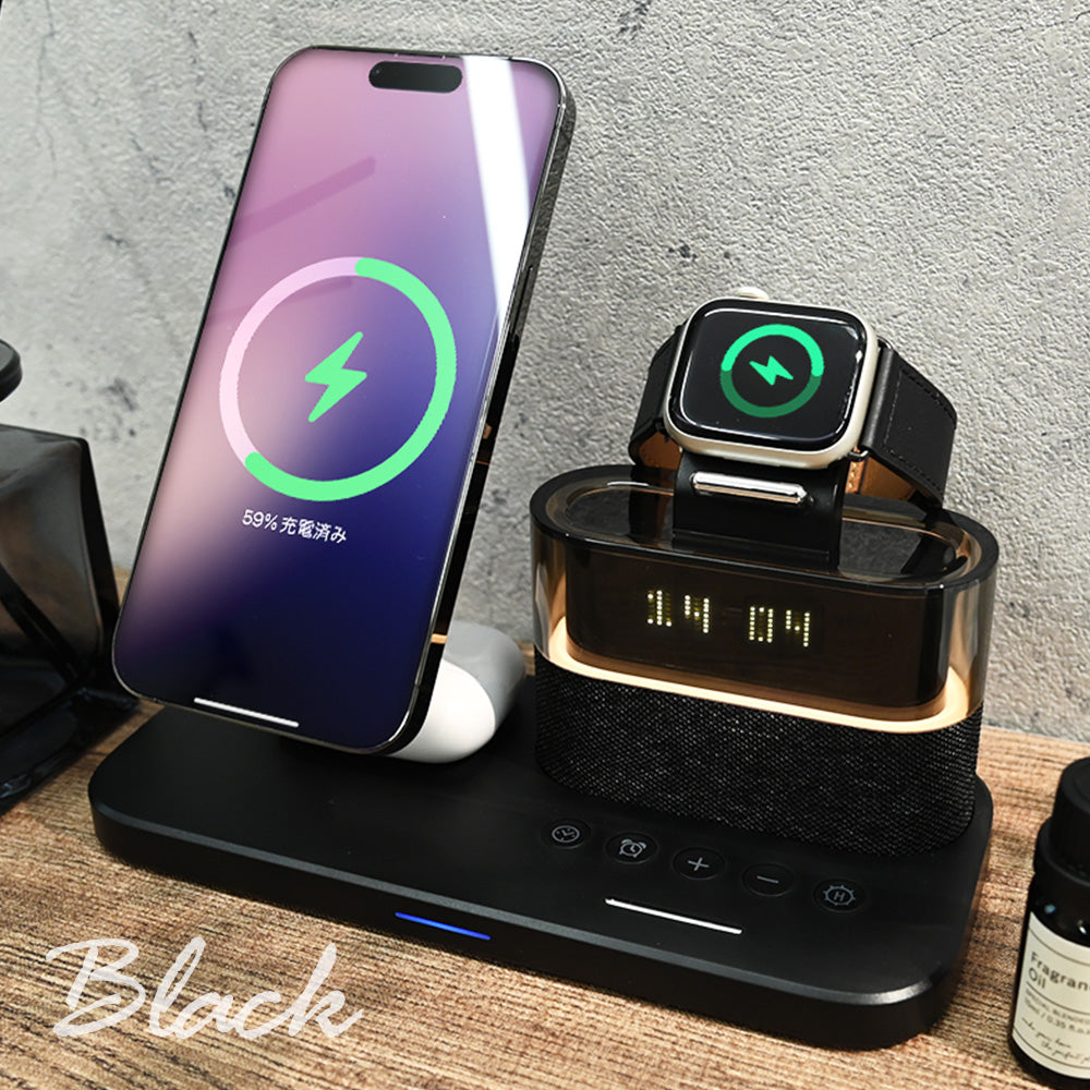 Qi2 チーツー Apple Watch iPhone AirPods 5in1 3in1 ワイヤレス充電スタンド 同時充電 アイフォン エアーポッズ アップルウォッチ マグネット 磁石 ワイヤレス充電器 充電器 アラーム 目覚まし時計 ライト 多機能 タイプC 充電 シンプル おしゃれ りんご堂 3base ブラック 黒