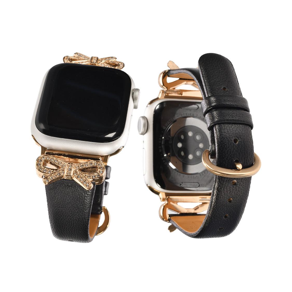 Apple Watch バンド アップルウォッチ バンド レディース 女性 かわいい 38mm 40mm 41mm 42mm 44mm 46mm 49mm あっぷるうぉっち キラキラ 本革 可愛い 大人かわいい おしゃれ 柔らかい くすみ ガーリー リボン ライブ デート ロリータ Series 10/9/8/7/6/5/4/3/2/1/SE/Ultra/Ultra2に対応 りんご堂 ange アンジェ ブラック 黒
