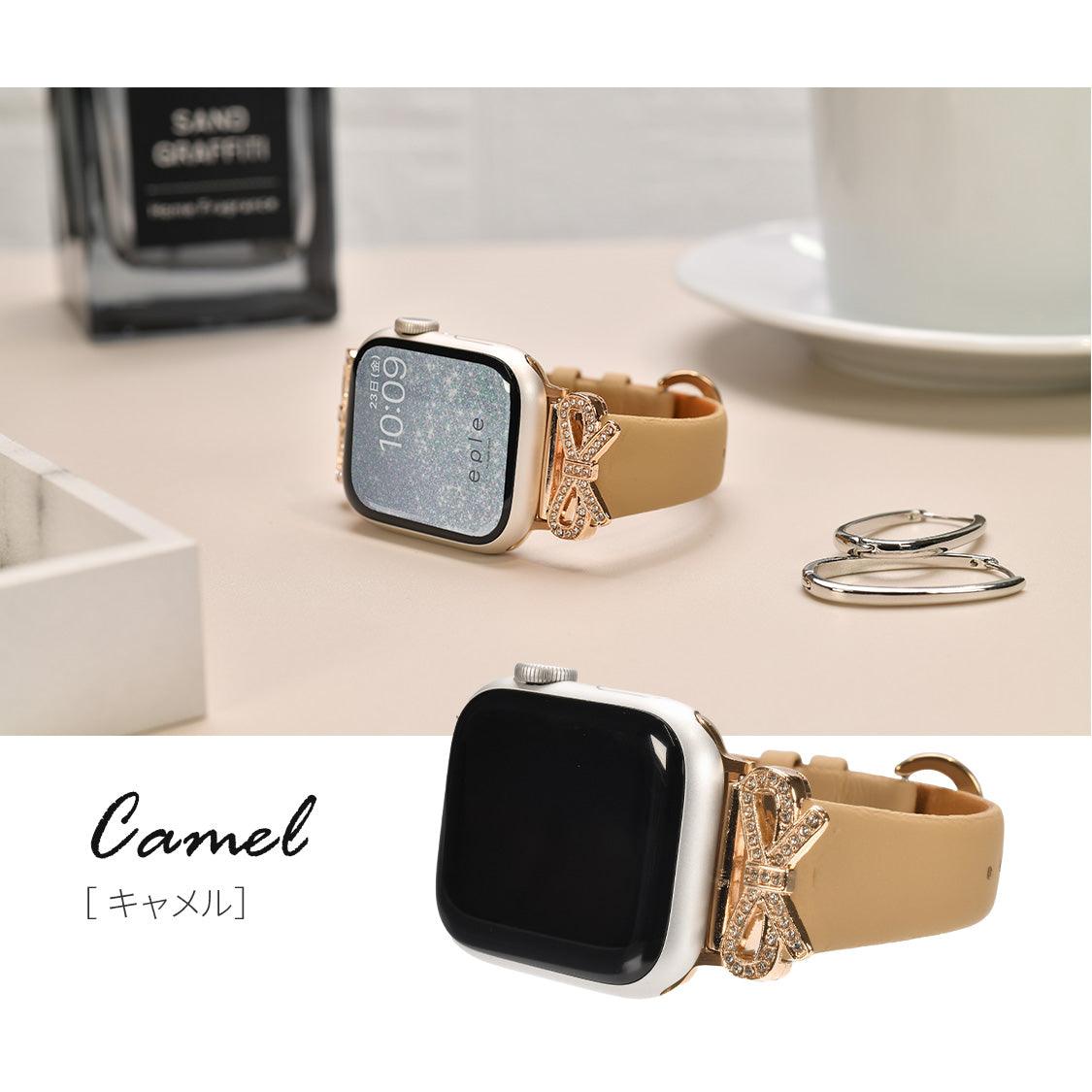 Apple Watch バンド アップルウォッチ バンド レディース 女性 かわいい 38mm 40mm 41mm 42mm 44mm 46mm 49mm あっぷるうぉっち キラキラ 本革 可愛い 大人かわいい おしゃれ 柔らかい くすみ ガーリー リボン ライブ デート ロリータ Series 10/9/8/7/6/5/4/3/2/1/SE/Ultra/Ultra2に対応 りんご堂 ange アンジェ キャメル ベージュ