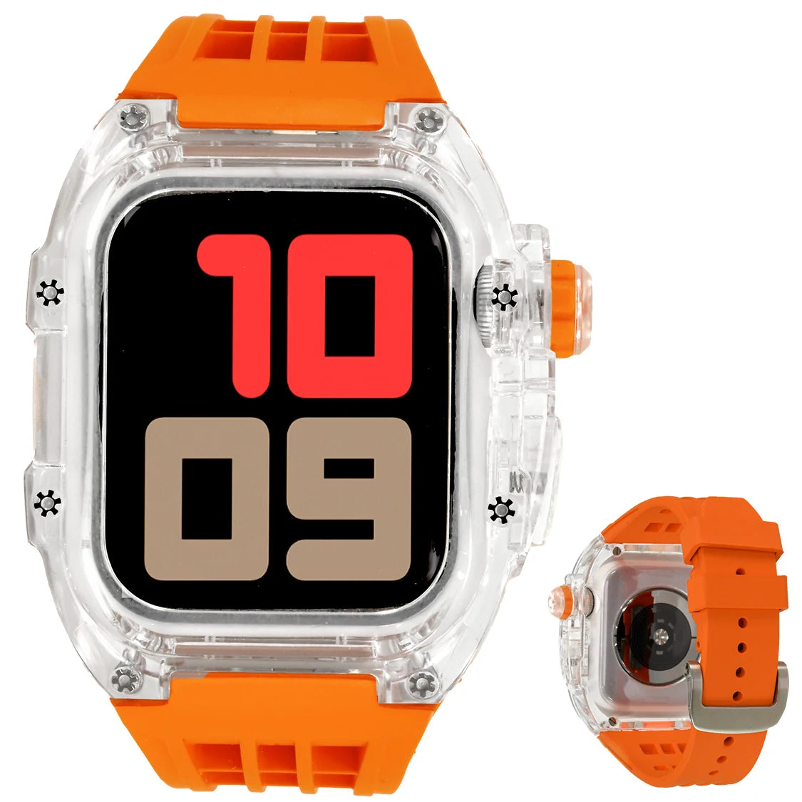 ごつい 一体型 Apple Watch バンド 44mm 45mm 49mm シリコン TPU ケース付き 頑丈なメンズ ベルド スポーツバンド アウトドア 登山 キャンプ Series 9/8/7 45mm SE2/6/5/4/SE 44mm Ultra 49mm 対応 耐衝撃性 防水 落下防止 装着簡単 Watch 保護 高級 メンズ 人気 オレンジ