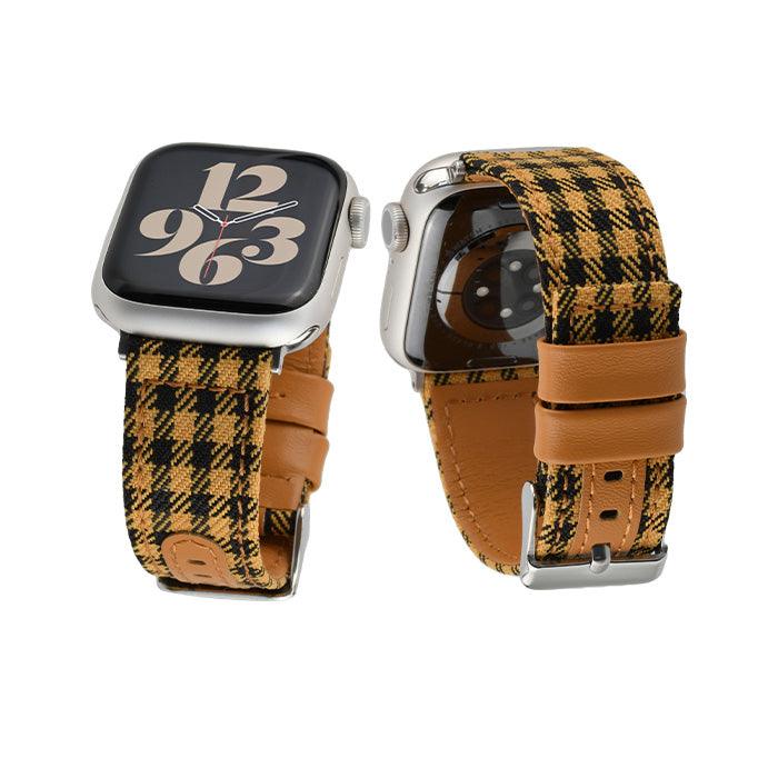 アップルウォッチ バンド レディース ベルト チェック 千鳥格子 革 レザー 布 腕時計ベルト applewatch 8 7 6 SE 38mm 40mm 41mm 42mm 44mm 45mm おしゃれ かわいい りんご堂 クラシカルバンド 黄色 ブラウン