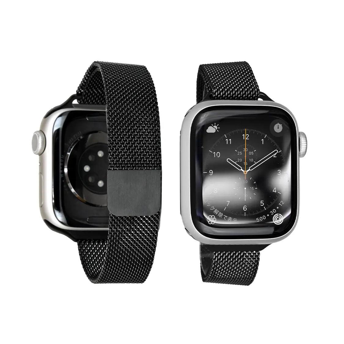 マグネット ステンレス メッシュ アップルウォッチバンド Apple Watch ベルト 女性 人気 おしゃれ エレガントループ 華奢 細め ブラック 黒