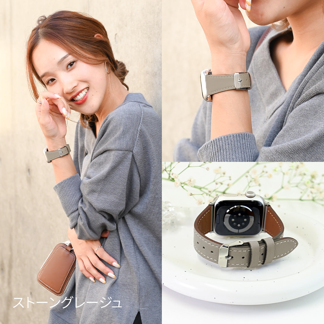 【ルーチェ】 アップルウォッチ バンド レディース 女性 おしゃれ 本革 くすみカラー ビジネス 仕事 49mm 46mm 45mm 44mm 42mm 41mm 40mm 38mm Apple Watch series 11 10 9 8 7 6 5 4 3 SE SE2 SE3 第2世代 ベルト ブランド 革 レザー   全機種対応 高級 メンズ かわいい くすみ 49mm Ultra りんご堂 グレー