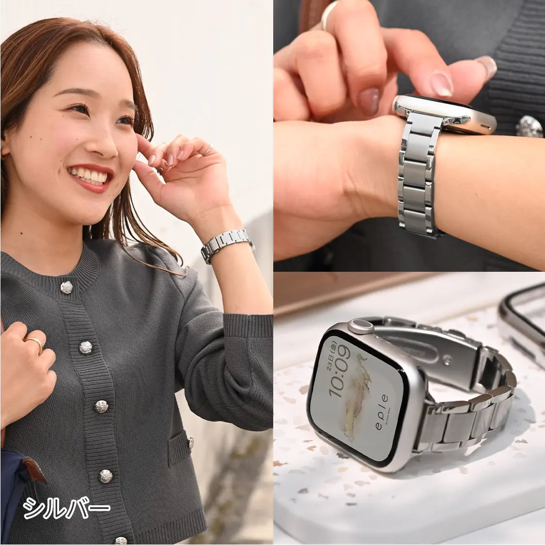 Apple Watch アップルウォッチ バンド メンズ レディース ステンレス 細身 細い スリム 大人女子 女性 レディース おしゃれ 仕事 ビジネス フォーマル 華奢見え りんご堂 Luna ルナ シルバー