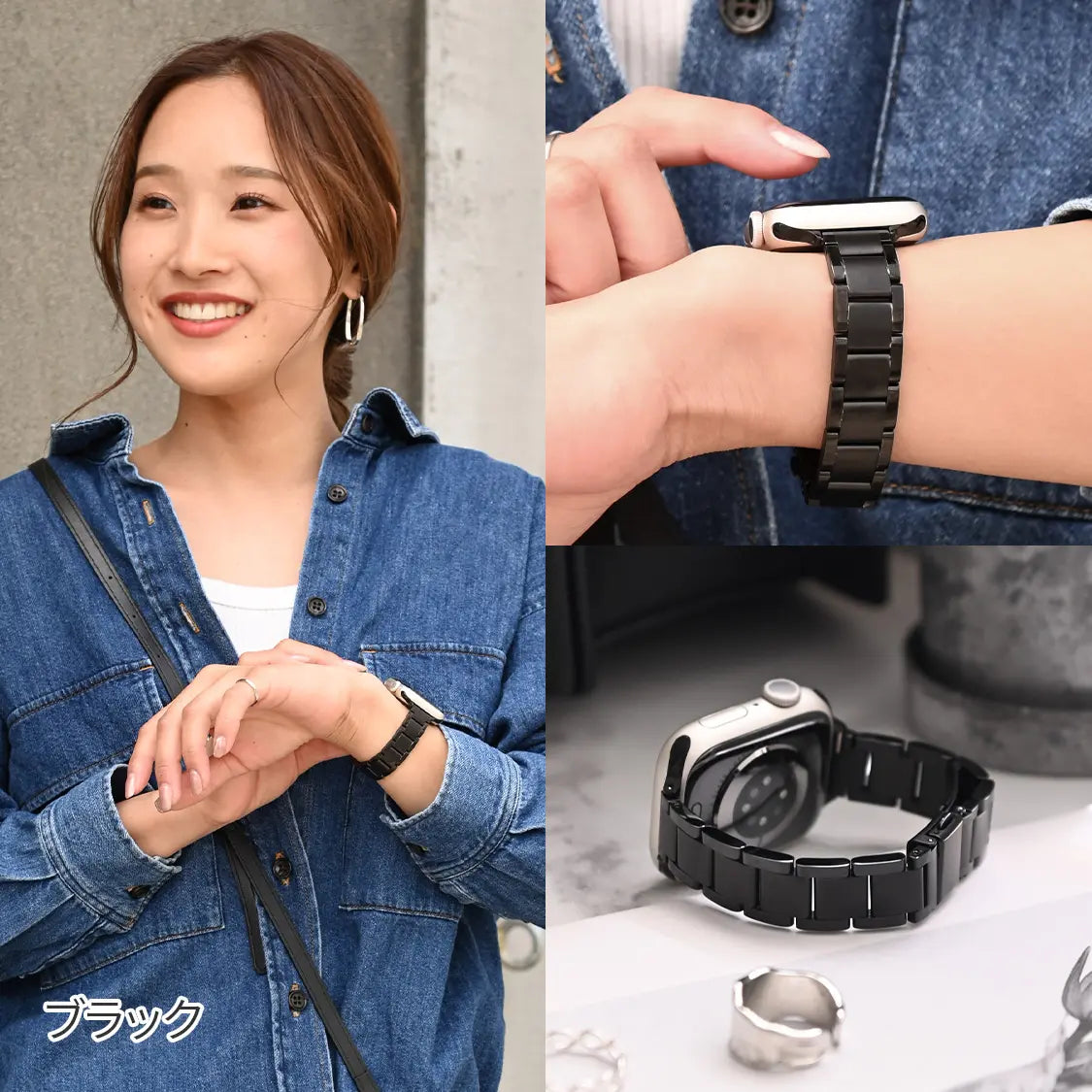 Apple Watch アップルウォッチ バンド メンズ レディース ステンレス 細身 細い スリム 大人女子 女性 レディース おしゃれ 仕事 ビジネス フォーマル 華奢見え りんご堂 Luna ルナ ブラック 黒