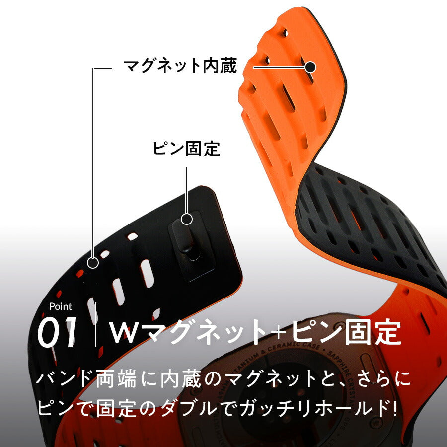 マグネットとピンで「ピタッとパチっと」しっかり固定 アップルウォッチ バンド メンズ ・男性 おすすめ シリコンApple Watch 登山 ランニング キャンプ |ラギットマグネットバンド