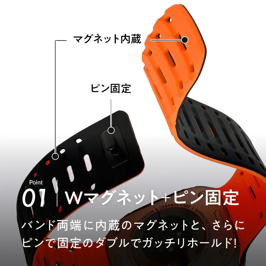 マグネットとピンで「ピタッとパチっと」しっかり固定 アップルウォッチ バンド メンズ ・男性 おすすめ シリコンApple Watch 登山 ランニング キャンプ |ラギットマグネットバンド