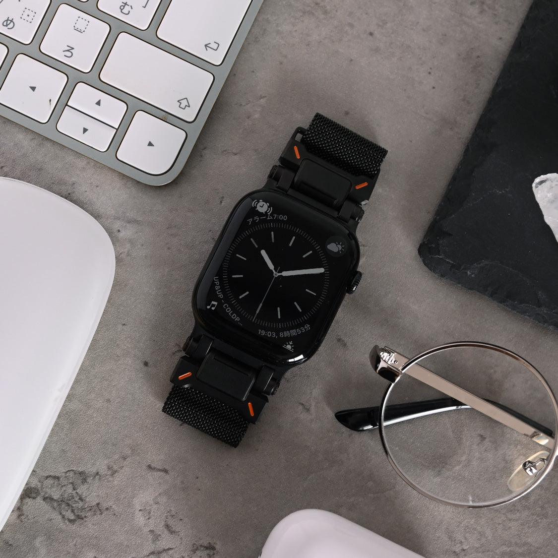 ステンレス メッシュ バンド アップルウォッチ Apple Watch 用 マグネットタイプ サイズ調整自由 メンズ 男性 人気 ウォッチバンド(42mm・41mm・40mm/ 49mm・46mm・45mm・44mm) りんご堂 ブラック 黒