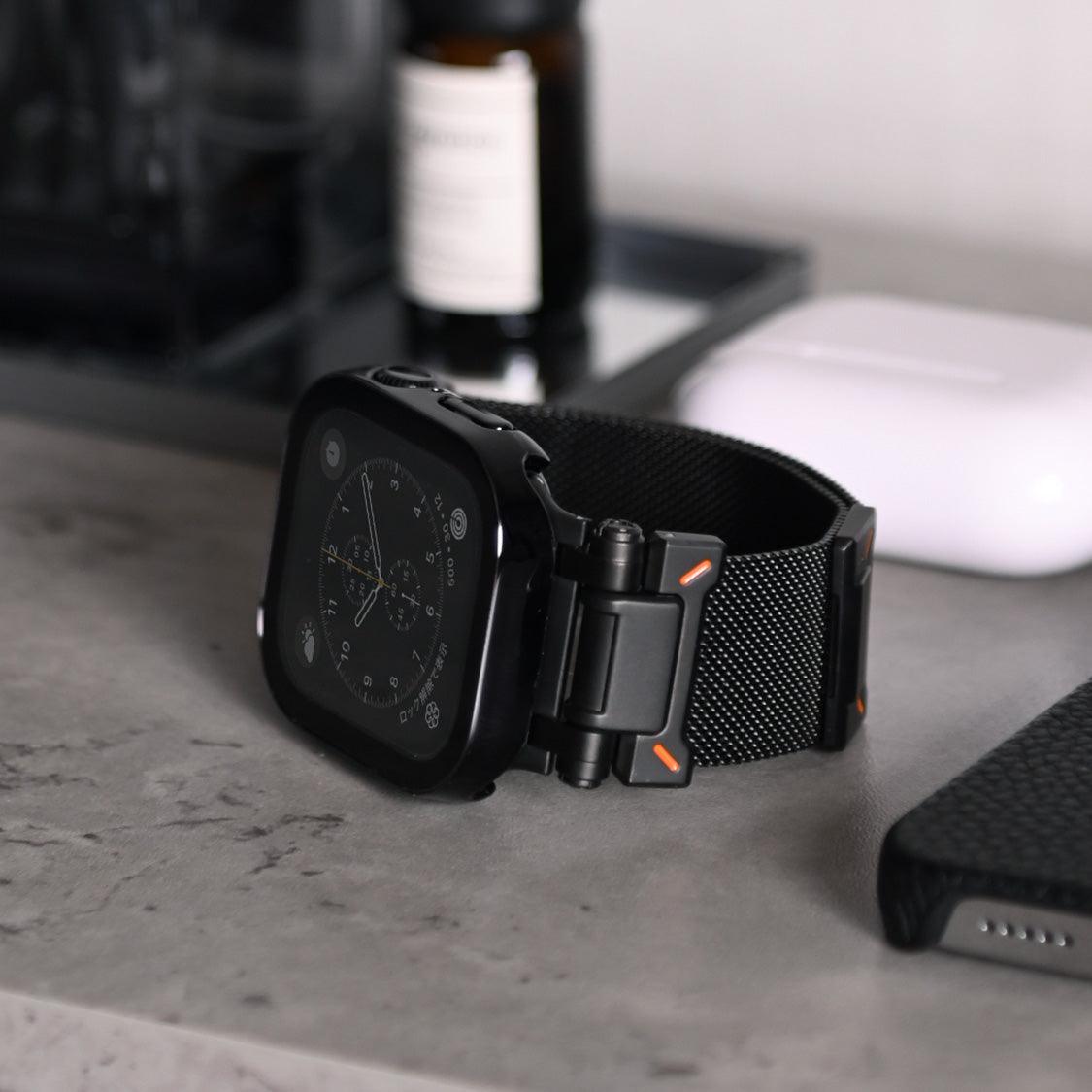 ステンレス メッシュ バンド アップルウォッチ Apple Watch 用 マグネットタイプ サイズ調整自由 メンズ 男性 人気 ウォッチバンド(42mm・41mm・40mm/ 49mm・46mm・45mm・44mm) りんご堂 ブラック 黒