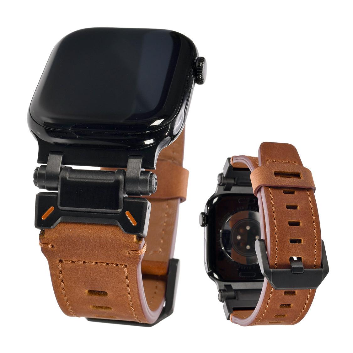 【ブラックステンレスとレザーバンド】アップルウォッチ バンド Apple Watch ベルト メンズにおすすめ 男性の働くかっこよさを支える ブラウンのレザーバンド