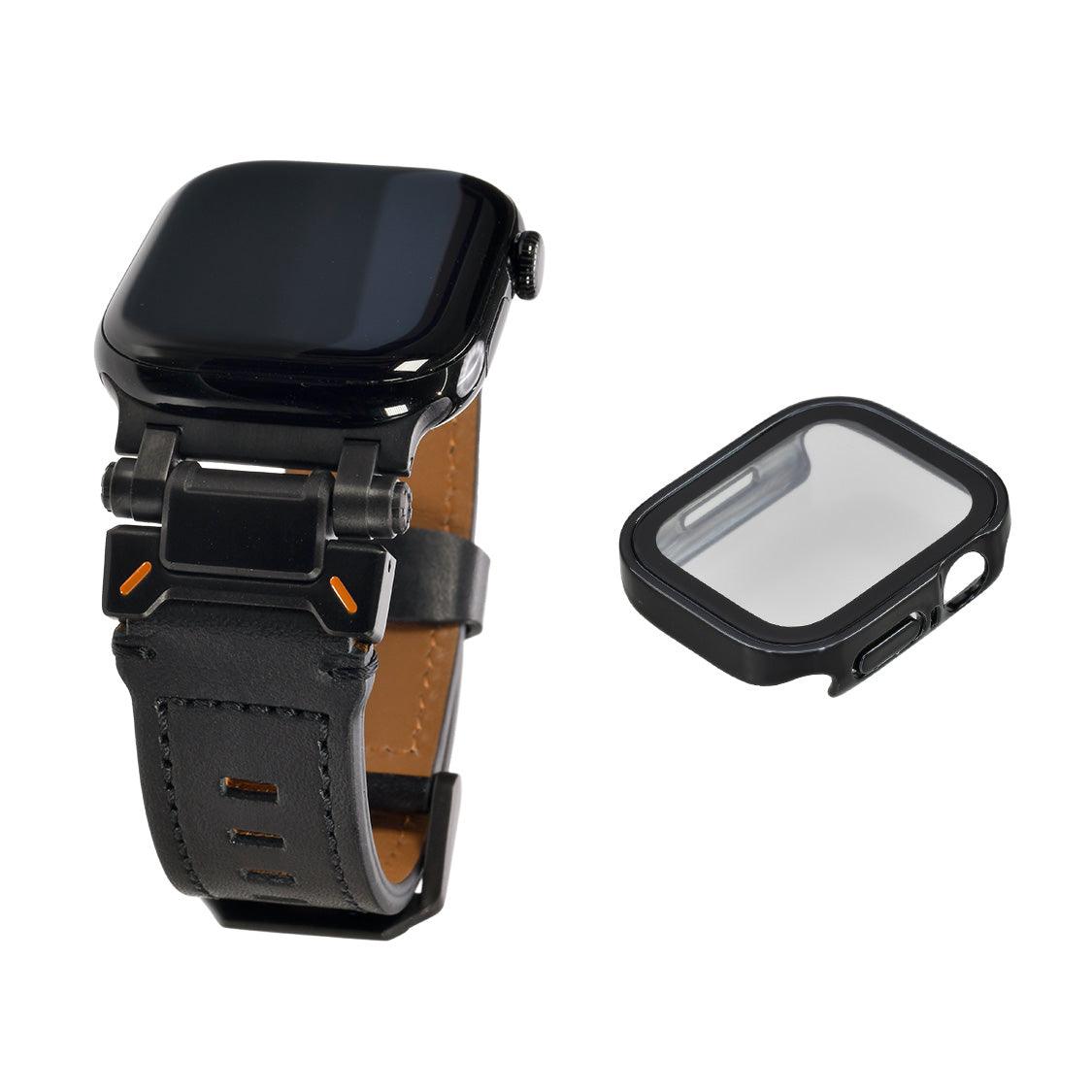 【ブラックステンレスとレザーバンド】アップルウォッチ バンド Apple Watch ベルト メンズにおすすめ 男性の働くかっこよさを支える 黒のレザーバンドとケース