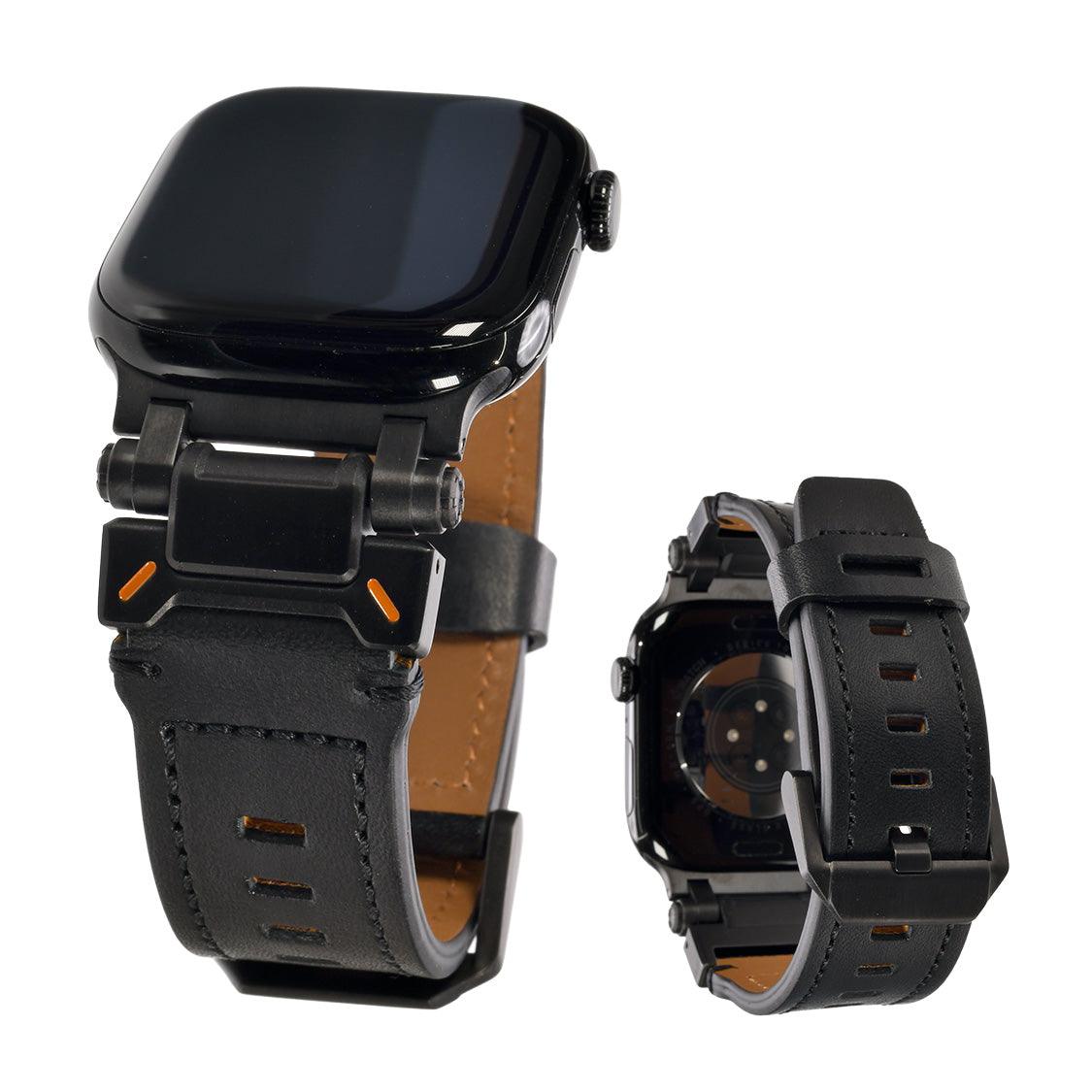 【ブラックステンレスとレザーバンド】アップルウォッチ バンド Apple Watch ベルト メンズにおすすめ 男性の働くかっこよさを支える 黒いレザーバンド