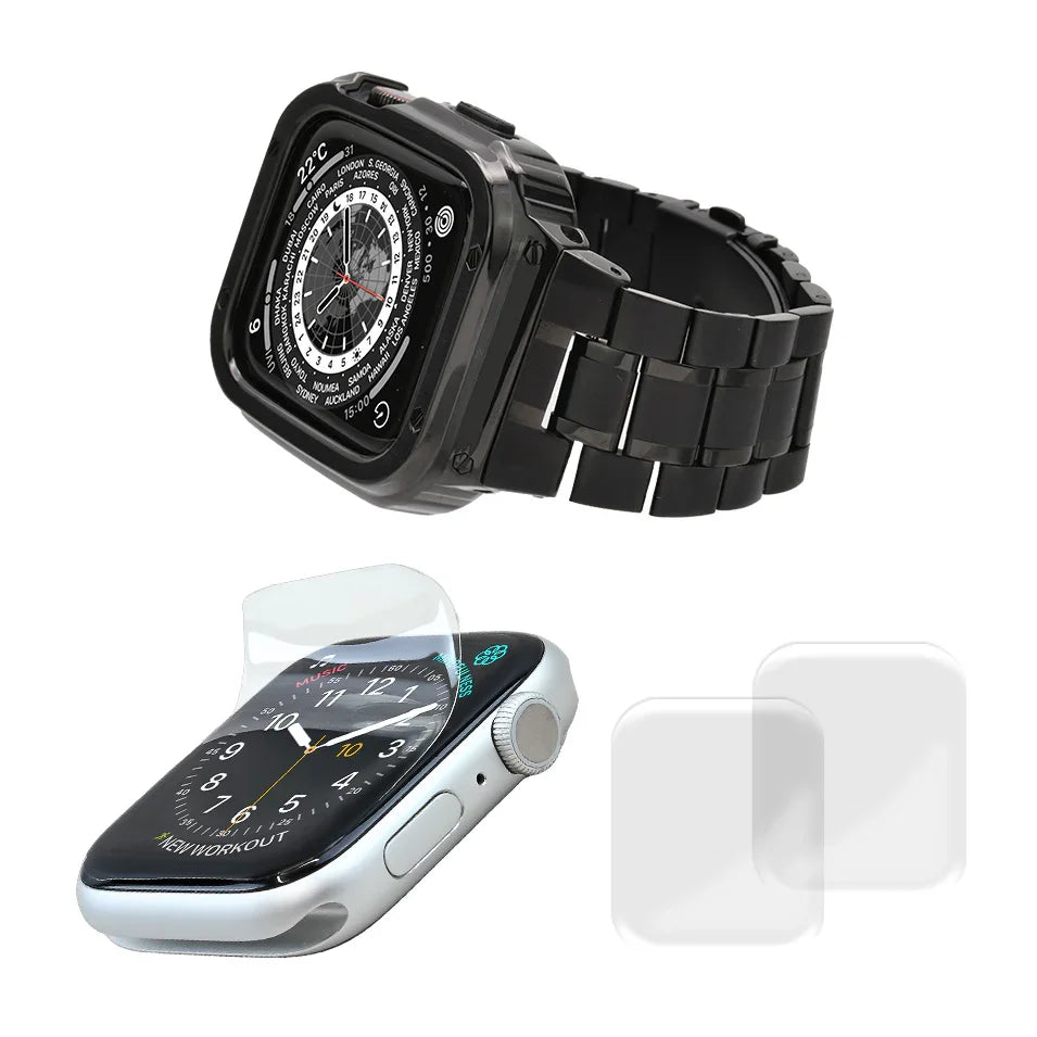 ごつい 一体型 かっこいい アップルウォッチ applewatch バンド メンズ バンドとケースと背面ケース 3in145mm/44mm/49mmapplewatch一体型バンドAppleWatchSeries9/SE/8/7/6/5/4/ULTRA2/ULTRA 対応 耐衝撃性 防水 落下防止 装着簡単 Watch 保護 高級 メンズ 人気 ブラック 黒