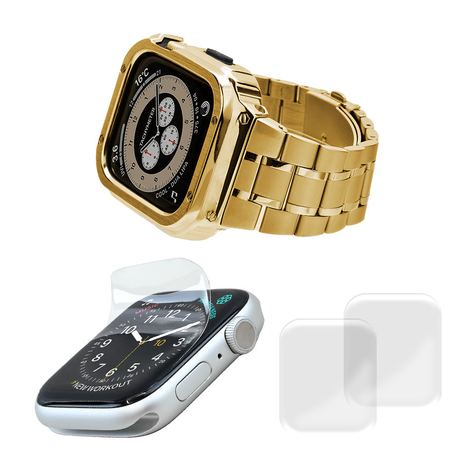ごつい 一体型 かっこいい アップルウォッチ applewatch バンド メンズ バンドとケースと背面ケース 3in145mm/44mm/49mmapplewatch一体型バンドAppleWatchSeries9/SE/8/7/6/5/4/ULTRA2/ULTRA 対応 耐衝撃性 防水 落下防止 装着簡単 Watch 保護 高級 メンズ 人気 ゴールド 金 フィルムとセット