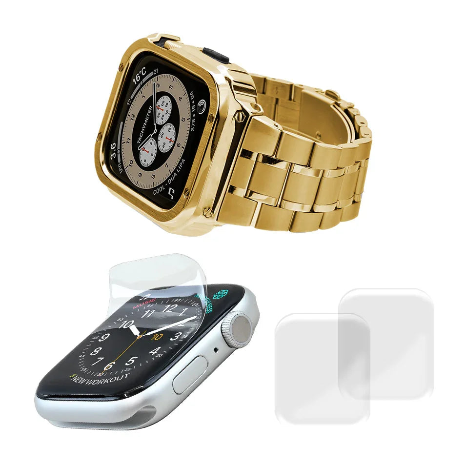ごつい 一体型 かっこいい アップルウォッチ applewatch バンド メンズ バンドとケースと背面ケース 3in145mm/44mm/49mmapplewatch一体型バンドAppleWatchSeries9/SE/8/7/6/5/4/ULTRA2/ULTRA 対応 耐衝撃性 防水 落下防止 装着簡単 Watch 保護 高級 メンズ 人気 ゴールド 金 フィルムとセット