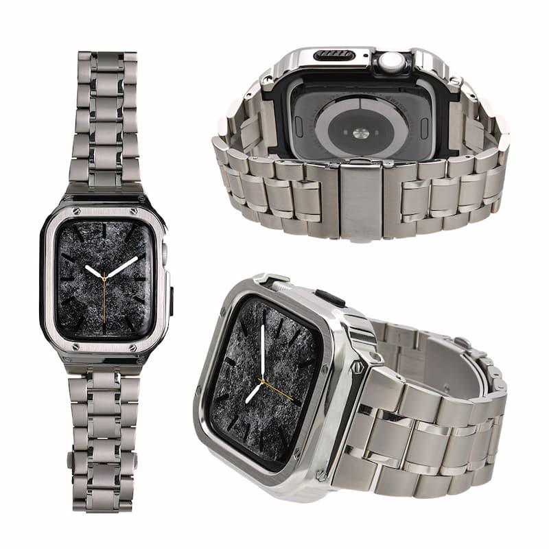 ゴツめでかっこいいapplewatch バンドメンズ AppleWatchバンドとケースと背面ケースの3in1一体型デザイン45mm/44mm/49mmapplewatch一体型バンドAppleWatchSeries9/SE/8/7/6/5/4/ULTRA2/ULTRA 対応メンズかっこいいおしゃれなアップルウォッチバンドカバー付きapplewatchアクセサリー(45mm/44mm/49mm|シルバー メタル 銀