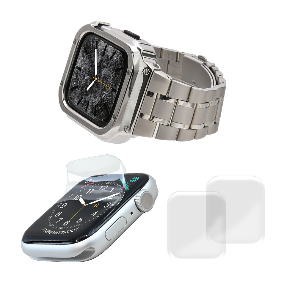 ごつい 一体型 かっこいい アップルウォッチ applewatch バンド メンズ バンドとケースと背面ケース 3in145mm/44mm/49mmapplewatch一体型バンドAppleWatchSeries9/SE/8/7/6/5/4/ULTRA2/ULTRA 対応 耐衝撃性 防水 落下防止 装着簡単 Watch 保護 高級 メンズ 人気 シルバー 銀色 フィルムとセット