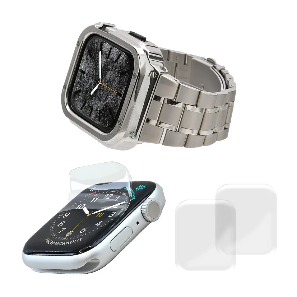 ごつい 一体型 かっこいい アップルウォッチ applewatch バンド メンズ バンドとケースと背面ケース 3in145mm/44mm/49mmapplewatch一体型バンドAppleWatchSeries9/SE/8/7/6/5/4/ULTRA2/ULTRA 対応 耐衝撃性 防水 落下防止 装着簡単 Watch 保護 高級 メンズ 人気 シルバー 銀色 フィルムとセット