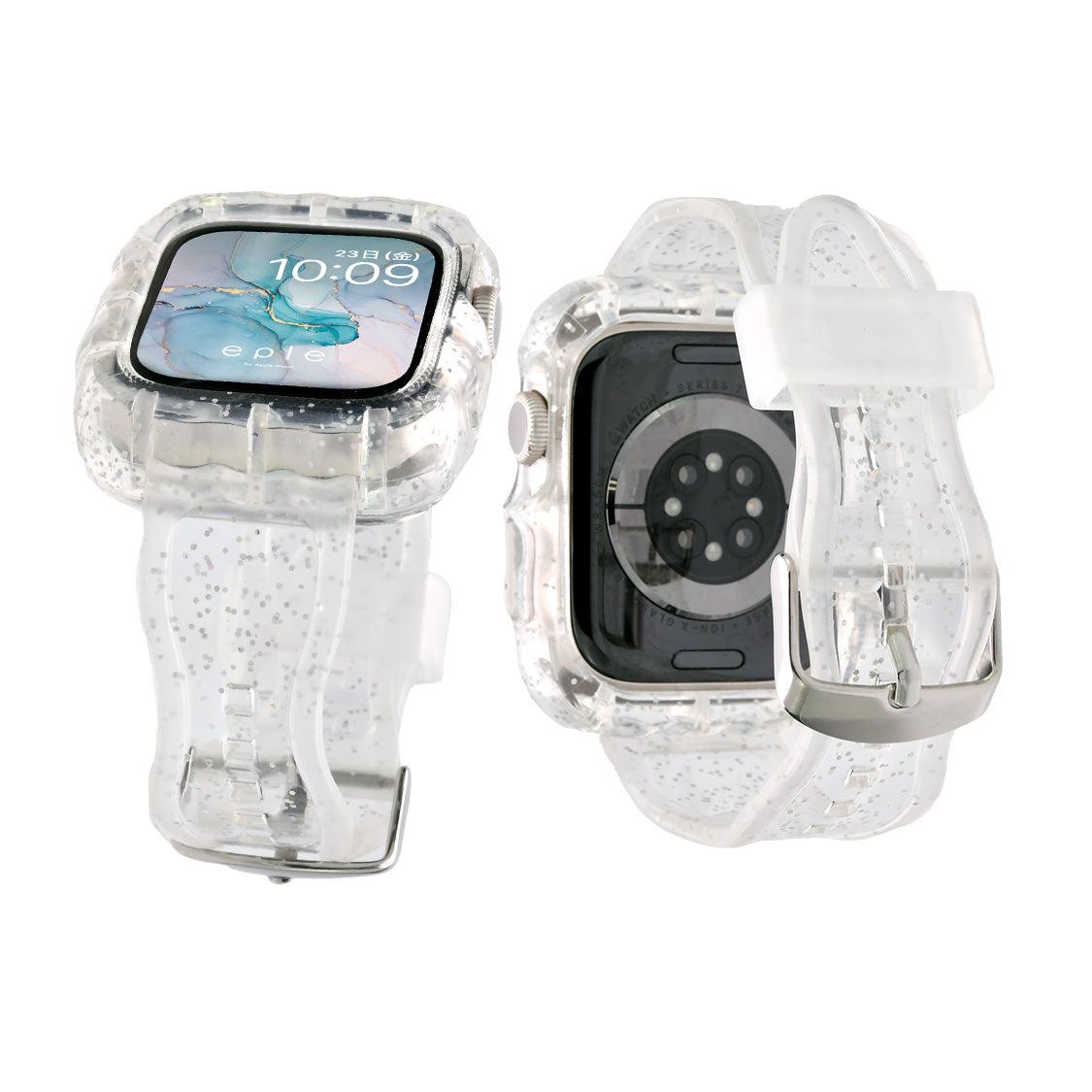 クリア ・ 透明 で波のような形が かわいい アップルウォッチ バンド Apple Watch ベルト TPUバンド 女性 レディース ウェーブクリアバンド Apple Watch Series 4・5・6・SE・7・SE2・8・9 40mm/41mm/44mm/45mm りんご堂 ラメ ギャル