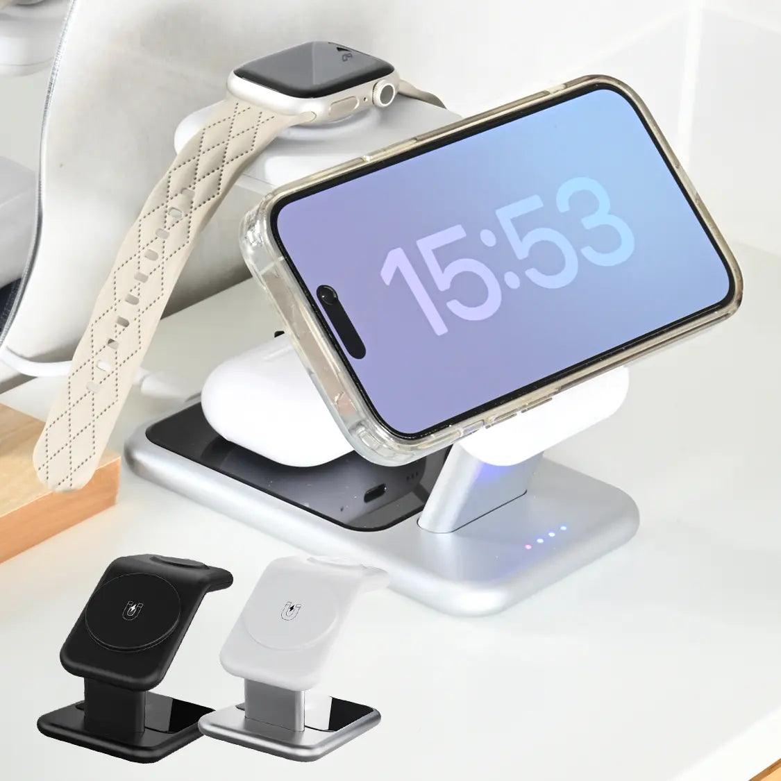 ワイヤレス充電器 3in1 スタンド MagSafe対応 iPhone Apple Watch AirPods ワイヤレスチャージ iphone 置くだけ ワイヤレス充電 三台同時充電 りんご堂 ソリッド スリーパワー