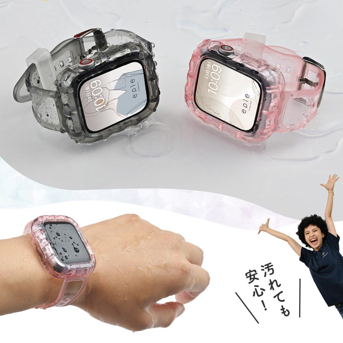 【シリーズ11・SE3対応】クリア 一体型 ウェーブ かわいい アップルウォッチ バンド ケース 透明 Apple Watch ベルト TPUバンド | ウェーブクリアバンド
