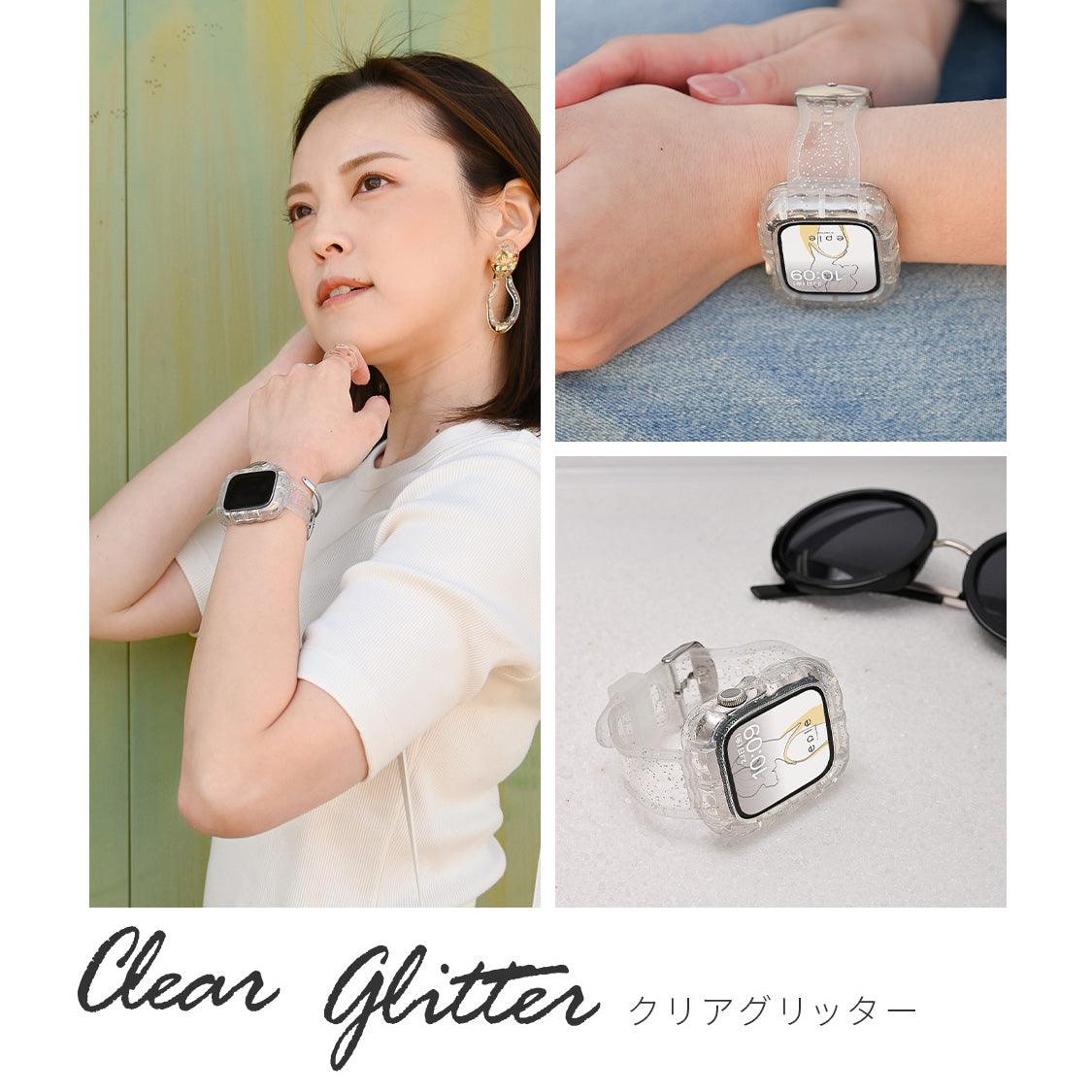 【シリーズ11・SE3対応】クリア 一体型 ウェーブ かわいい アップルウォッチ バンド ケース 透明 Apple Watch ベルト TPUバンド | ウェーブクリアバンド