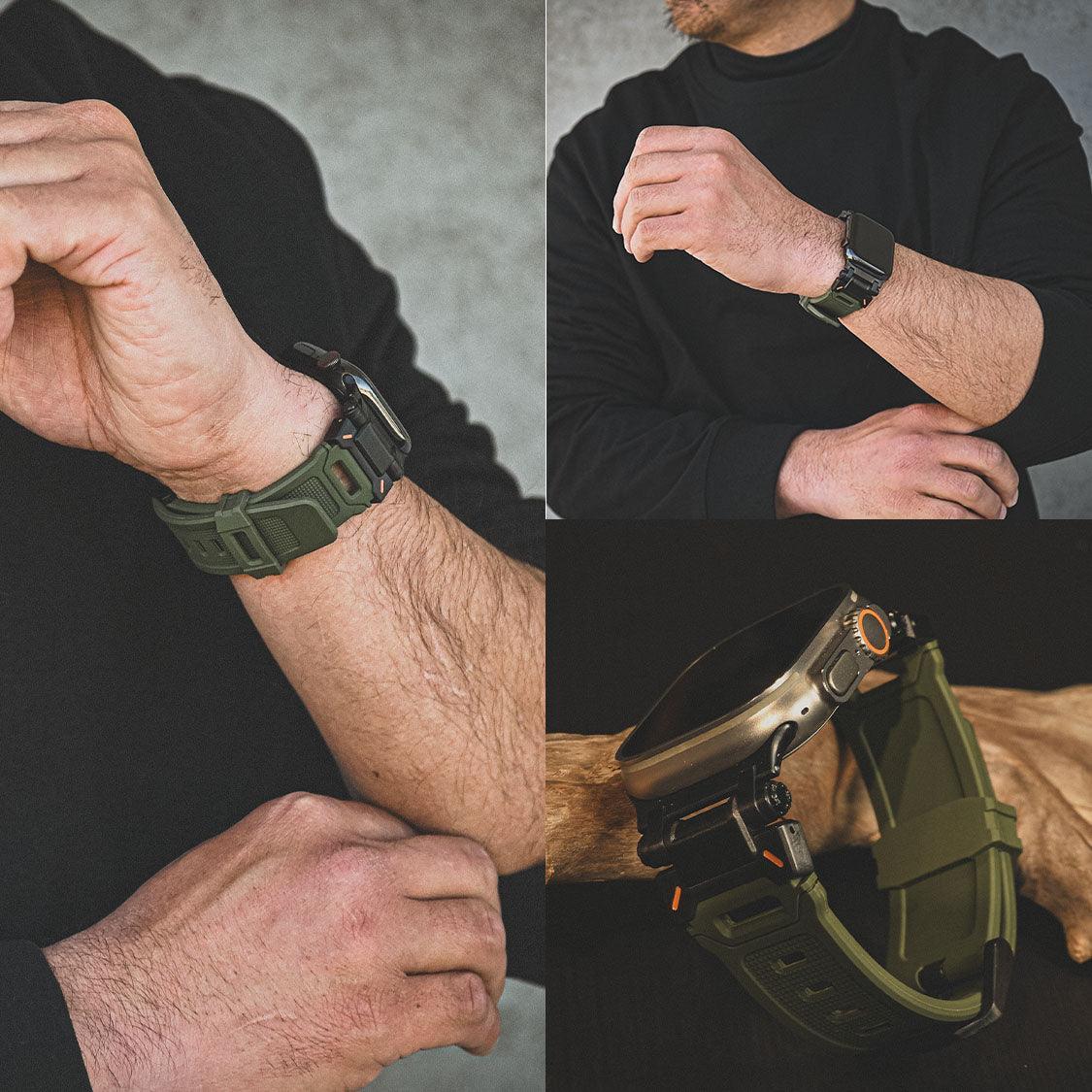アップルウォッチ バンド apple watch ベルト レザー TPU 高級 45mm 44mm  42mm 46mm 49mm 男性 オシャレ かっこいい 耐水性 伸縮性 耐衝撃性 シリーズ 10 9 8 7 se 6 5 4 3 2 1 カジュアル アウトドア ｜オリーブ カーキ 緑 グリーン