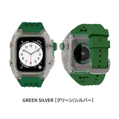 ゴツめでかっこいいapplewatch バンドメンズ AppleWatchバンドとケースと背面ケースの3in1一体型デザイン45mm/44mm/49mmapplewatch一体型バンドAppleWatchSeries9/SE/8/7/6/5/4/ULTRA2/ULTRA 対応メンズ（男性）に人気でかっこいいアップルウォッチバンドカバー付きapplewatchアクセサリー(45mm/44mm/49mm)-スマホ堂×りんご堂｜ソリッドスケルトン｜緑　グリーン