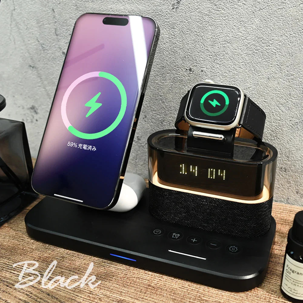 Qi2 チーツー Apple Watch iPhone AirPods 5in1  3in1 ワイヤレス充電スタンド 同時充電 アイフォン エアーポッズ アップルウォッチ マグネット 磁石 ワイヤレス充電器 充電器 アラーム 目覚まし時計 ライト 多機能 タイプC 充電 シンプル おしゃれ りんご堂 3base  ブラック 黒  