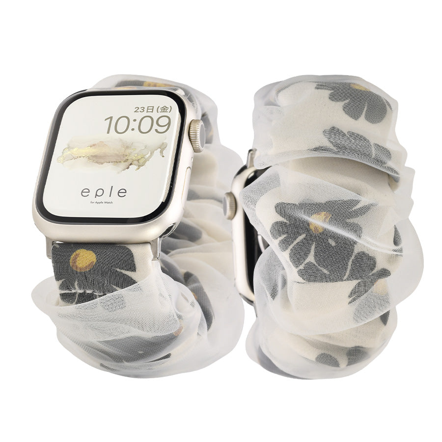 アップルウォッチ バンド シュシュ バンド 可愛い 布 ゴム 金属アレルギー 寝る時 睡眠 着けやすい  花柄 大人かわいい アップルウォッチ 11
(42mm［NEW］/46mm）
アップルウォッチ 10
（42mm［NEW］のみ）
アップルウォッチ ULTRA3
(49mm)
アップルウォッチ ULTRA2
(49mm)
アップルウォッチ ULTRA
(49mm)
アップルウォッチ 9
(41mm/45mm)
アップルウォッチ 8
(41mm/45mm)
アップルウォッチ SE3(第3世代)
(40mm/44mm)
アップルウォッチ SE2(第2世代)
(40mm/44mm)
アップルウォッチ SE 
(40mm/44mm)
アップルウォッチ SE 
(40mm/44mm)
アップルウォッチ 7 
(41mm/45mm)
アップルウォッチ 6 
(40mm/44mm)
アップルウォッチ 5 
(40mm/44mm)｜Apple Watchバンド シュシュバンド りんご堂 新色 ブラックフラワー