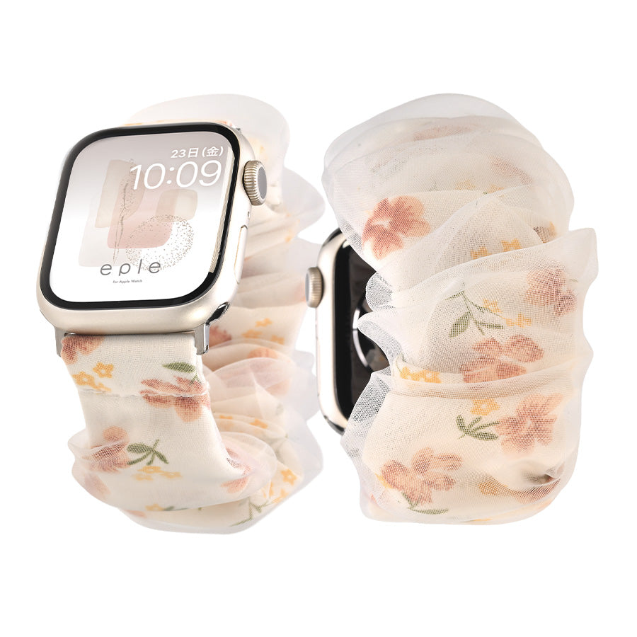 アップルウォッチ バンド シュシュ バンド 可愛い 布 ゴム 金属アレルギー 寝る時 睡眠 着けやすい  花柄 大人かわいい アップルウォッチ 11
(42mm［NEW］/46mm）
アップルウォッチ 10
（42mm［NEW］のみ）
アップルウォッチ ULTRA3
(49mm)
アップルウォッチ ULTRA2
(49mm)
アップルウォッチ ULTRA
(49mm)
アップルウォッチ 9
(41mm/45mm)
アップルウォッチ 8
(41mm/45mm)
アップルウォッチ SE3(第3世代)
(40mm/44mm)
アップルウォッチ SE2(第2世代)
(40mm/44mm)
アップルウォッチ SE 
(40mm/44mm)
アップルウォッチ SE 
(40mm/44mm)
アップルウォッチ 7 
(41mm/45mm)
アップルウォッチ 6 
(40mm/44mm)
アップルウォッチ 5 
(40mm/44mm)｜Apple Watchバンド シュシュバンド りんご堂 フラワー