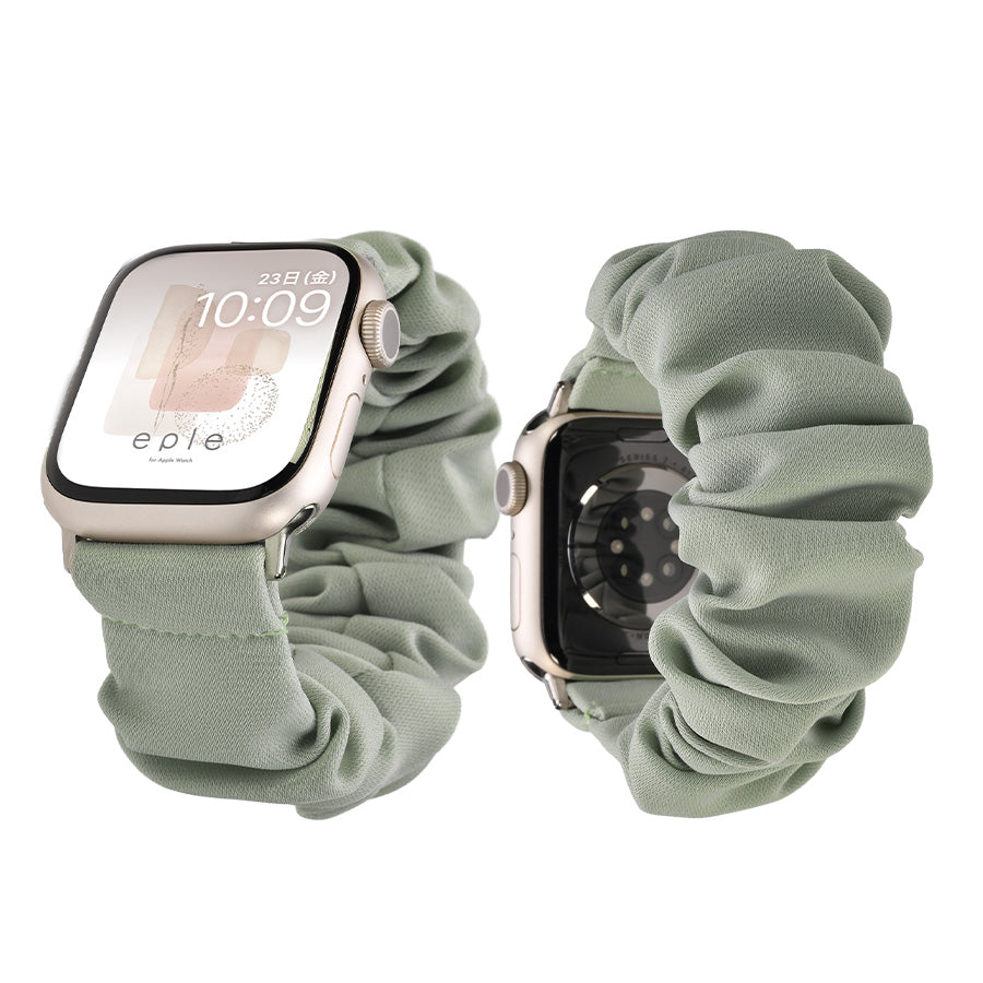 アップルウォッチ バンド シュシュ バンド 可愛い 布 ゴム 金属アレルギー 寝る時 睡眠 着けやすい  花柄 大人かわいい アップルウォッチ 11
(42mm［NEW］/46mm）
アップルウォッチ 10
（42mm［NEW］のみ）
アップルウォッチ ULTRA3
(49mm)
アップルウォッチ ULTRA2
(49mm)
アップルウォッチ ULTRA
(49mm)
アップルウォッチ 9
(41mm/45mm)
アップルウォッチ 8
(41mm/45mm)
アップルウォッチ SE3(第3世代)
(40mm/44mm)
アップルウォッチ SE2(第2世代)
(40mm/44mm)
アップルウォッチ SE 
(40mm/44mm)
アップルウォッチ SE 
(40mm/44mm)
アップルウォッチ 7 
(41mm/45mm)
アップルウォッチ 6 
(40mm/44mm)
アップルウォッチ 5 
(40mm/44mm)｜Apple Watchバンド シュシュバンド りんご堂 スモーク グリーン