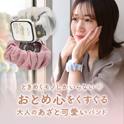 アップルウォッチ バンド シュシュ バンド 可愛い 布 ゴム 金属アレルギー 寝る時 睡眠 着けやすい  花柄 大人かわいい アップルウォッチ 11
(42mm［NEW］/46mm）
アップルウォッチ 10
（42mm［NEW］のみ）
アップルウォッチ ULTRA3
(49mm)
アップルウォッチ ULTRA2
(49mm)
アップルウォッチ ULTRA
(49mm)
アップルウォッチ 9
(41mm/45mm)
アップルウォッチ 8
(41mm/45mm)
アップルウォッチ SE3(第3世代)
(40mm/44mm)
アップルウォッチ SE2(第2世代)
(40mm/44mm)
アップルウォッチ SE 
(40mm/44mm)
アップルウォッチ SE 
(40mm/44mm)
アップルウォッチ 7 
(41mm/45mm)
アップルウォッチ 6 
(40mm/44mm)
アップルウォッチ 5 
(40mm/44mm)｜Apple Watchバンド シュシュバンド りんご堂