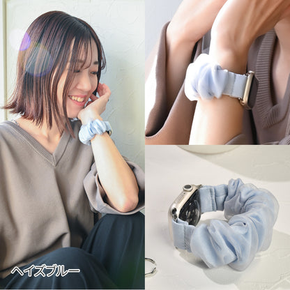 アップルウォッチ バンド シュシュ バンド 可愛い 布 ゴム 金属アレルギー 寝る時 睡眠 着けやすい  花柄 大人かわいい アップルウォッチ 11
(42mm［NEW］/46mm）
アップルウォッチ 10
（42mm［NEW］のみ）
アップルウォッチ ULTRA3
(49mm)
アップルウォッチ ULTRA2
(49mm)
アップルウォッチ ULTRA
(49mm)
アップルウォッチ 9
(41mm/45mm)
アップルウォッチ 8
(41mm/45mm)
アップルウォッチ SE3(第3世代)
(40mm/44mm)
アップルウォッチ SE2(第2世代)
(40mm/44mm)
アップルウォッチ SE 
(40mm/44mm)
アップルウォッチ SE 
(40mm/44mm)
アップルウォッチ 7 
(41mm/45mm)
アップルウォッチ 6 
(40mm/44mm)
アップルウォッチ 5 
(40mm/44mm)｜Apple Watchバンド シュシュバンド りんご堂 新色 水色 ブルー