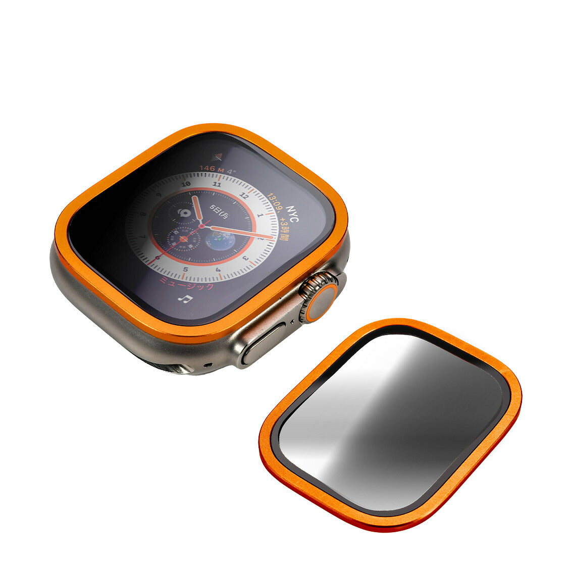 Apple Watch アップルウォッチ 49mm ウルトラ 専用 液晶 画面 保護 フィルム カバー クリア 強化ガラス 貼り付け簡単 | FFU 覗き見防止 文字刻印 オレンジ