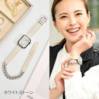 本革レザー と チェーン の 二重巻き Apple Watch （ アップルウォッチ ） バンド 女性 かわいい 結婚式 女子会 パーティ  |ラグジュアリーチェーン ホワイト キラキラ