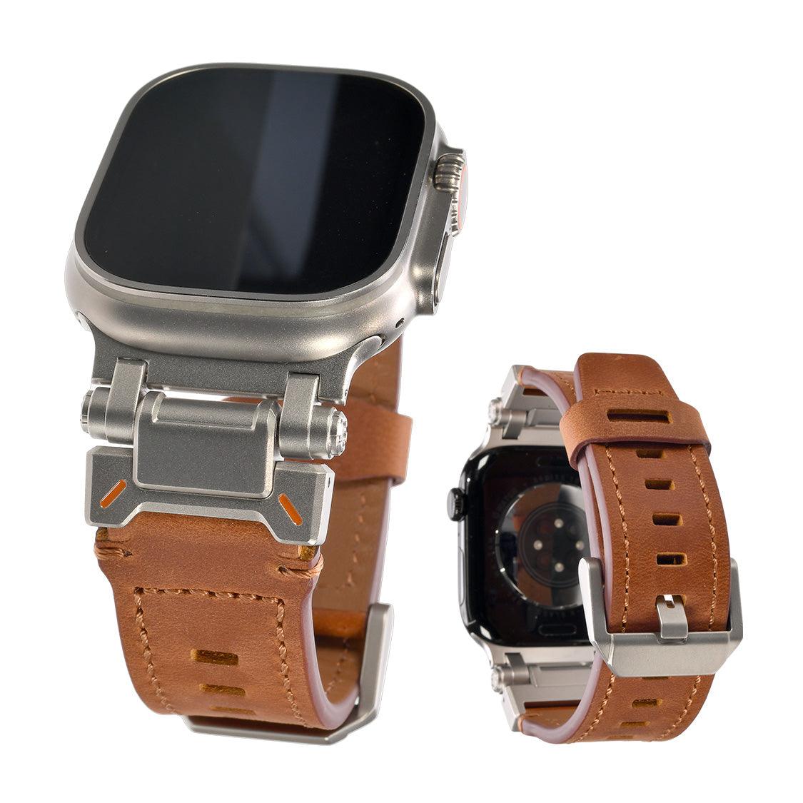 【シルバーステンレスとレザーバンド】アップルウォッチ バンド Apple Watch ベルト メンズにおすすめ 男性の働くかっこよさを支える 　ブラウンのレザーバンド