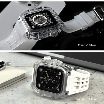 ごつい 一体型 Apple Watch バンド 44mm 45mm 49mm シリコン TPU ケース付き 頑丈な メンズ 男性 ベルド スポーツバンド アウトドア 登山 キャンプ Series ULTRA3  11 10 9/8/7 46mm 45mm SE3 SE2/6/5/4/SE 44mm Ultra 49mm 42mm  対応 耐衝撃性 防水 落下防止 装着簡単 Watch 保護 高級 メンズ 人気 クリアとホワイト