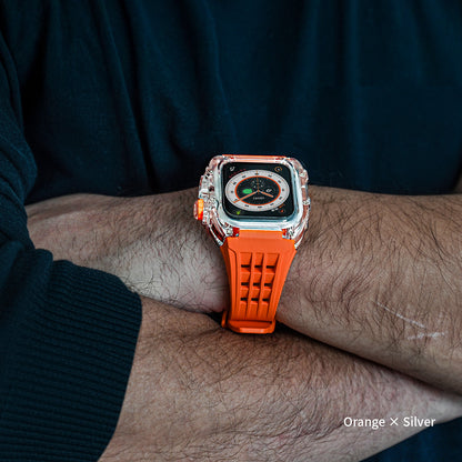 ごつい 一体型 Apple Watch バンド 44mm 45mm 49mm シリコン TPU ケース付き 頑丈な メンズ 男性 ベルド スポーツバンド アウトドア 登山 キャンプ Series ULTRA3  11 10 9/8/7 46mm 45mm SE3 SE2/6/5/4/SE 44mm Ultra 49mm 42mm  対応 耐衝撃性 防水 落下防止 装着簡単 Watch 保護 高級 メンズ 人気 装着 オレンジ