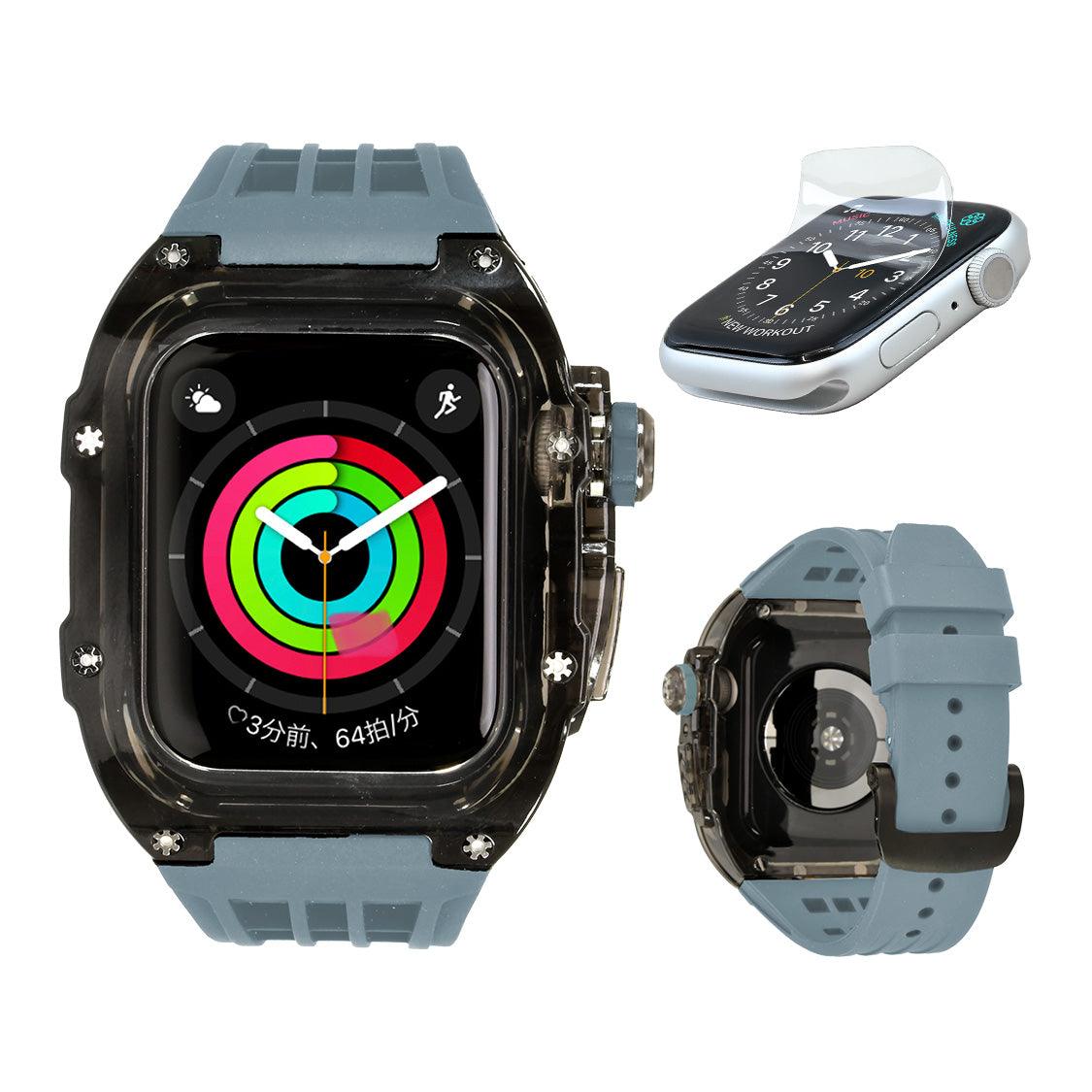 ごつい 一体型 Apple Watch バンド 44mm 45mm 49mm シリコン TPU ケース付き 頑丈な メンズ 男性 ベルド スポーツバンド アウトドア 登山 キャンプ Series ULTRA3  11 10 9/8/7 46mm 45mm SE3 SE2/6/5/4/SE 44mm Ultra 49mm 42mm  対応 耐衝撃性 防水 落下防止 装着簡単 Watch 保護 高級 メンズ 人気 ブルー 水色 青 グレー