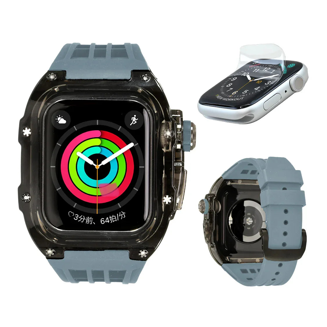 ごつい 一体型 Apple Watch バンド 44mm 45mm 49mm シリコン TPU ケース付き 頑丈な メンズ 男性 ベルド スポーツバンド アウトドア 登山 キャンプ Series ULTRA3  11 10 9/8/7 46mm 45mm SE3 SE2/6/5/4/SE 44mm Ultra 49mm 42mm  対応 耐衝撃性 防水 落下防止 装着簡単 Watch 保護 高級 メンズ 人気 ブルー 水色 青 グレー