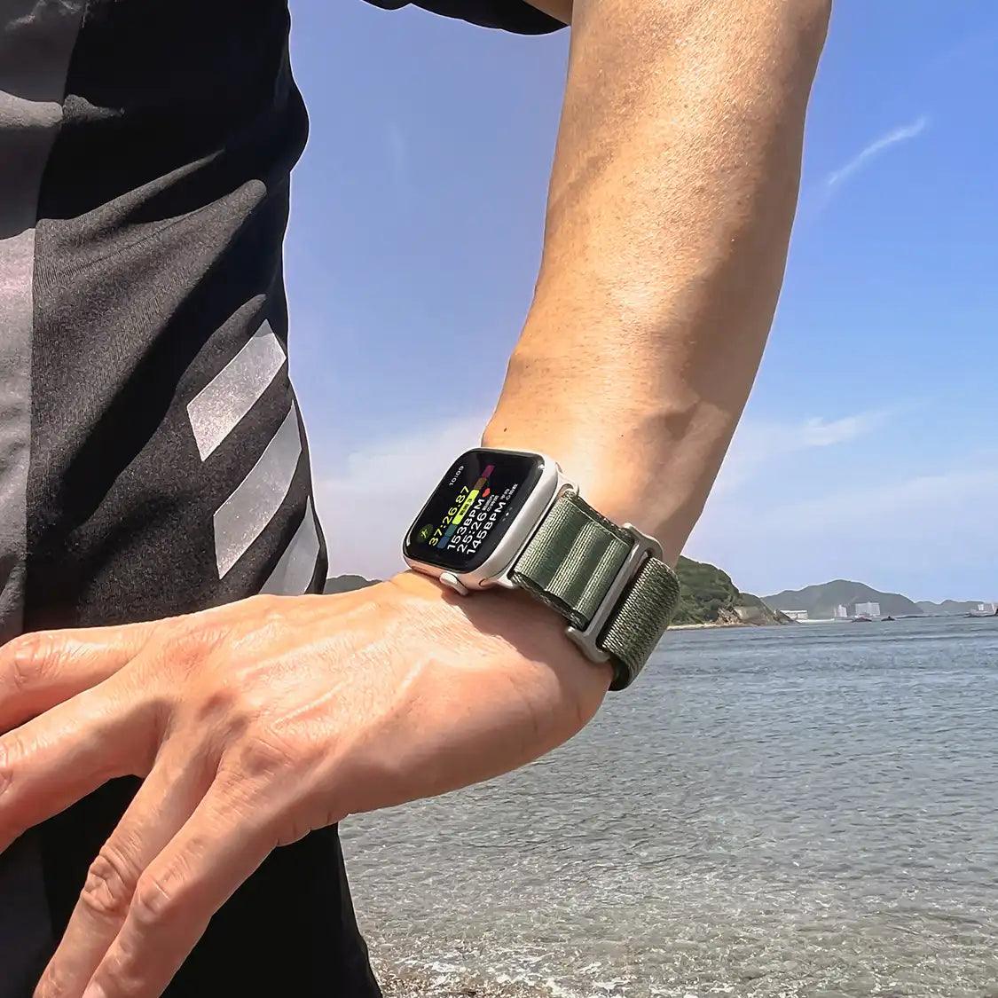 登山やキャンプなどアウトドア におすすめ ナイロン Apple Watch ultra メンズ スポーツ バンド 柔軟 軽い アップルウォッチ バンド  ベルト 10 9 8 9 SE2 7 6 SE 5 4 3 49mm 46mm 45mm 44mm 42m 41mm |トレッキングループ 緑　グリーン